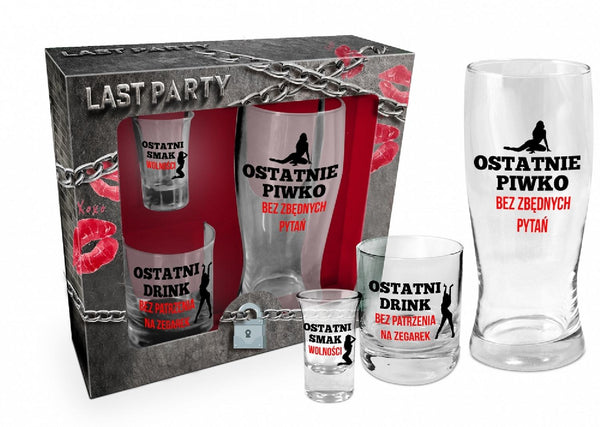 NIEZBĘDNIK KAWALERSKI zestaw: szklanka do piwa 400ml, szklanka do whisky 270ml, kieliszek do wódki 35ml (czerwono czarny)