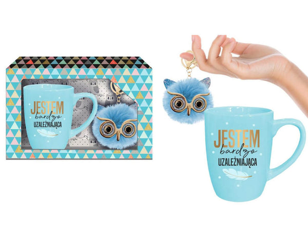 Kubek Jestem bardzo uzależniająca   zestaw kubek Baryłka pastel 300ml niebieski + brelok sówka
