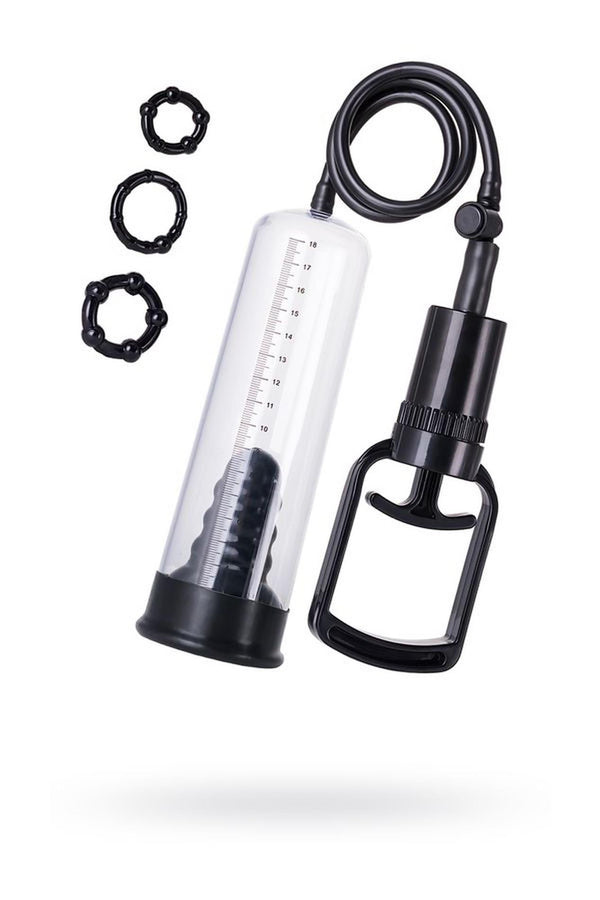 A TOYS, Penis Pump, PVC, Black, 23.5 cm 3 cock rings included