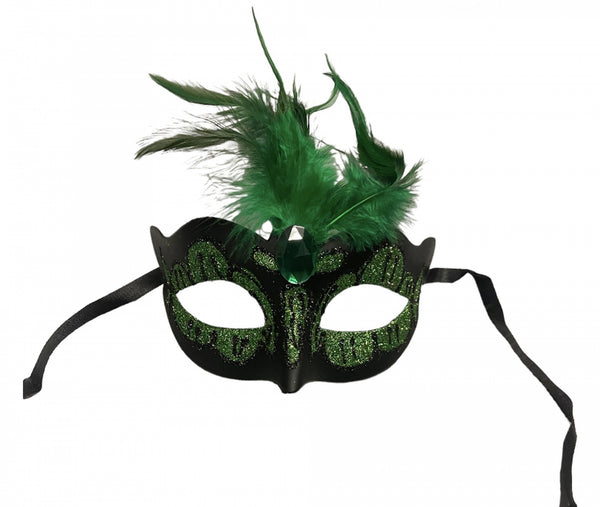 Maska Venetian Mask Green with Green Stone and Feather
