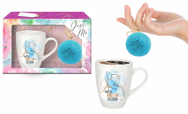 JUST ME   zestaw kubek baryłka 300ml+pompon niebieski Ja urocza, ambitna, szczera