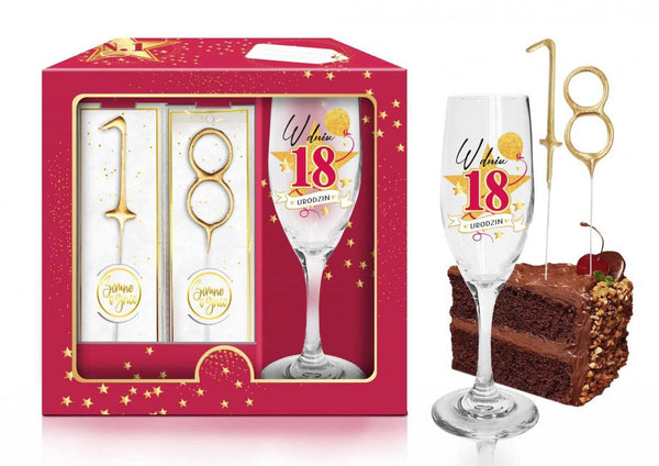 Kieliszek do szampana + zimne ognie   W  dniu 18 urodzin