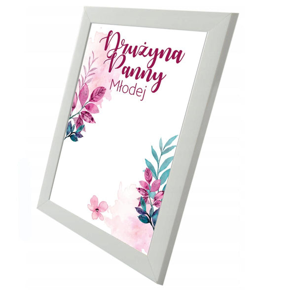 Pamiątkowy brązowy plakat Buziaki na pożegnanie Panny Młodej w ramce.