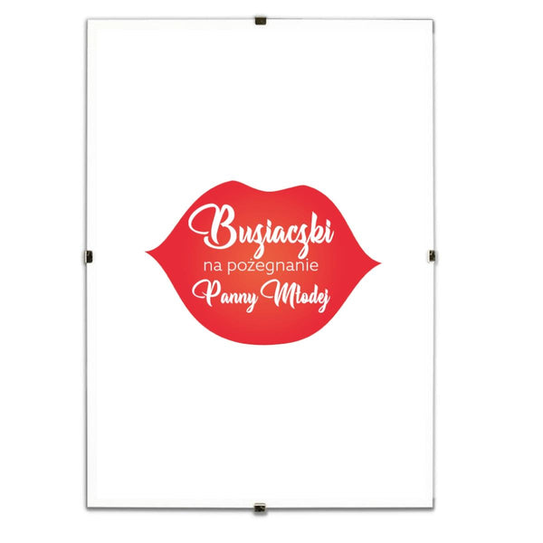 Pamiątkowy biały plakat Buziaki na pożegnanie Panny Młodej w antyramie.