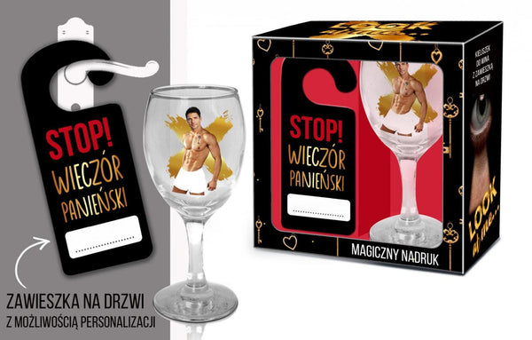 LOOK AT ME   Zestaw kieliszek do wina z zawieszką na drzwi   Stop! Wieczór panieński