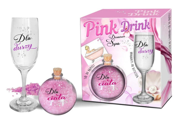 PINK DRINK  Zestaw   kieliszek do szampana i kula z solą do kąpieli    Dla duszy. Dla ciała.