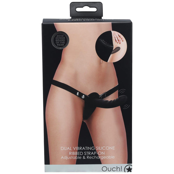 Ouch!   Dual Vibrating   Rechargeable   10 Speed Silicone Ribbed Strap On   Adjustable   Black