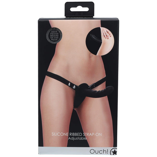 Ouch!   Silicone Ribbed Strap On   Adjustable   Black