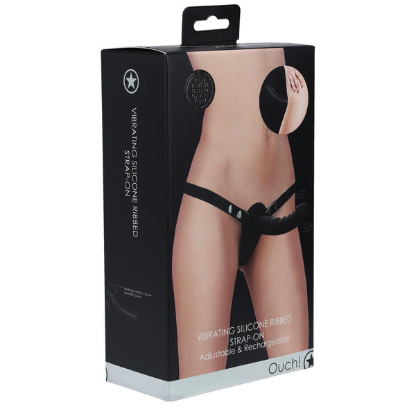Ouch!   Vibrating   Rechrgeable   10 Speed Silicone Ribbed Strap On   Adjustable   Black