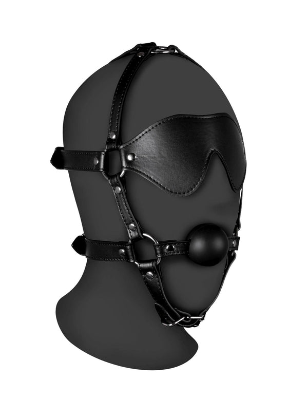 Blindfolded Head Harness with Solid Ball Gag Black