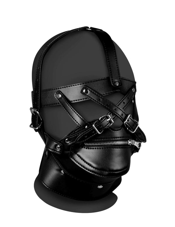 Head Harness with Zip up Mouth and Lock Black