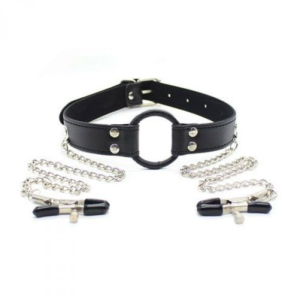 Stymulator Ring Gag + Nipples Clamps (black)