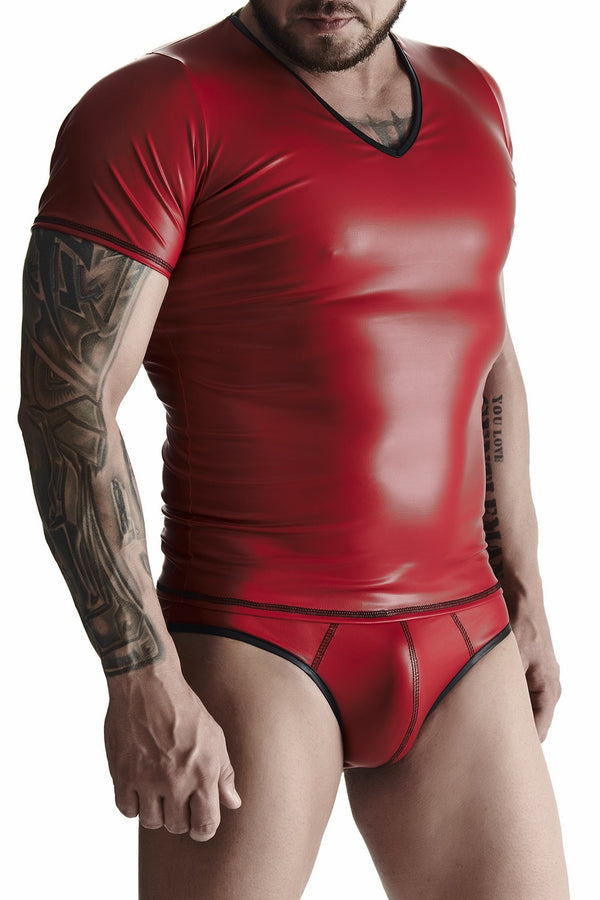 men's wetlook set: V-neck t-shirt, XL Brazilian briefs