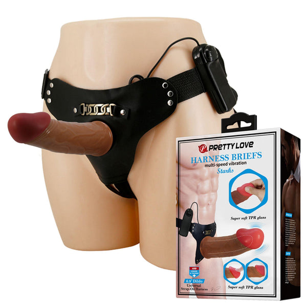 PRETTY LOVE   HARNESS BRIEFS Starks Universal Strap On Harness 6,9 Vibration Dildo Light Brown