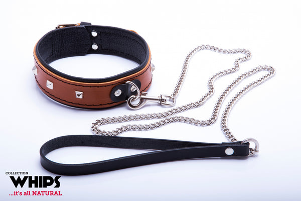 Wiązania WHIPS obroża damska ze smyczą, koniakowa