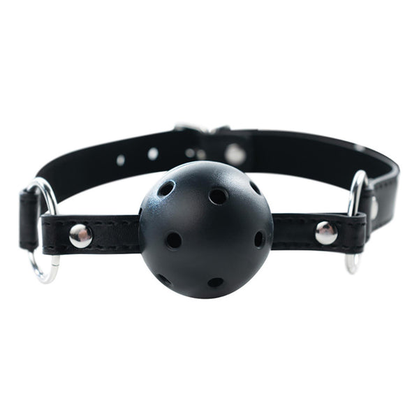 Black breathable ball gag with adjustable strap.