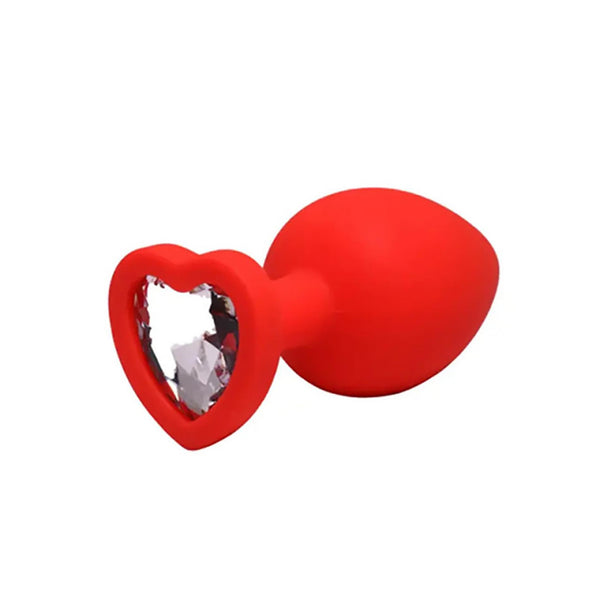 Red medium heart-shaped butt plug with white crystal