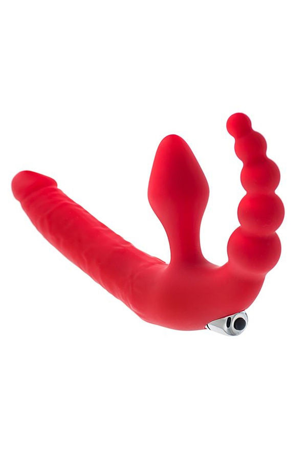 Black & Red, Beltless strapon with vibro bullet, moisture resistant, silicone, red 35 cm