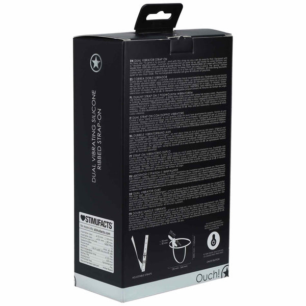 Ouch!   Dual Vibrating   Rechargeable   10 Speed Silicone Ribbed Strap On   Adjustable   Black