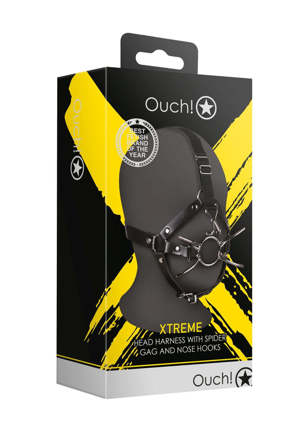 Head Harness with Spider Gag and Nose Hooks Black