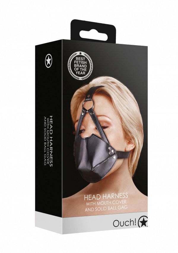 Head Harness with Mouth Cover and Solid Ball Gag Black