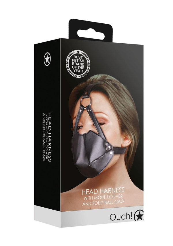 Head Harness with Mouth Cover and Breathable Ball Gag Black