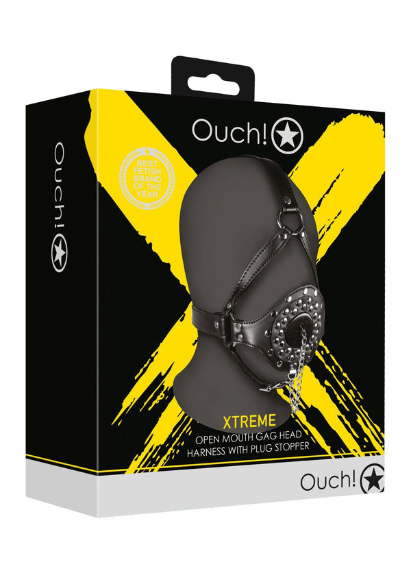 Open Mouth Gag Head Harness with Plug Stopper Black