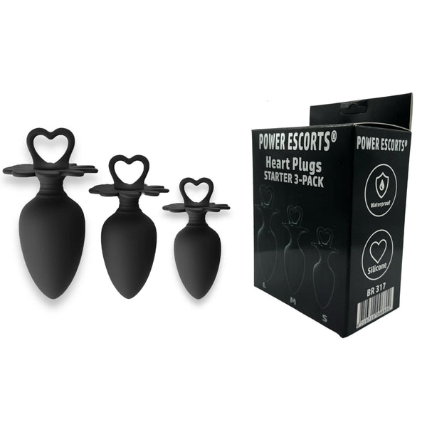 Power Escorts   Heart Plug Anal Starter 3 Pack   S, M & L   Black   quality Silicone   Colour box