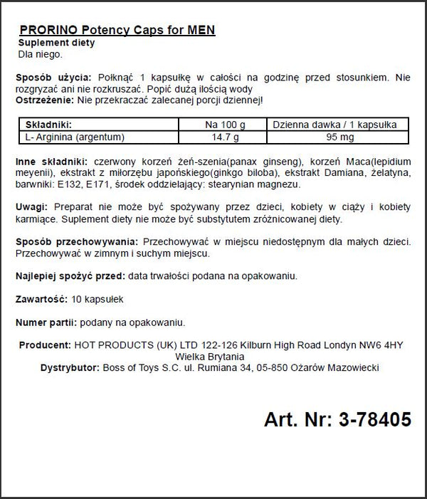 Diet supplement PRORINO Men 10pcs black line Potency Caps