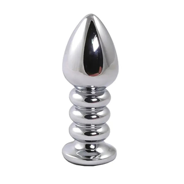 Silver large ribbed butt plug with black crystal